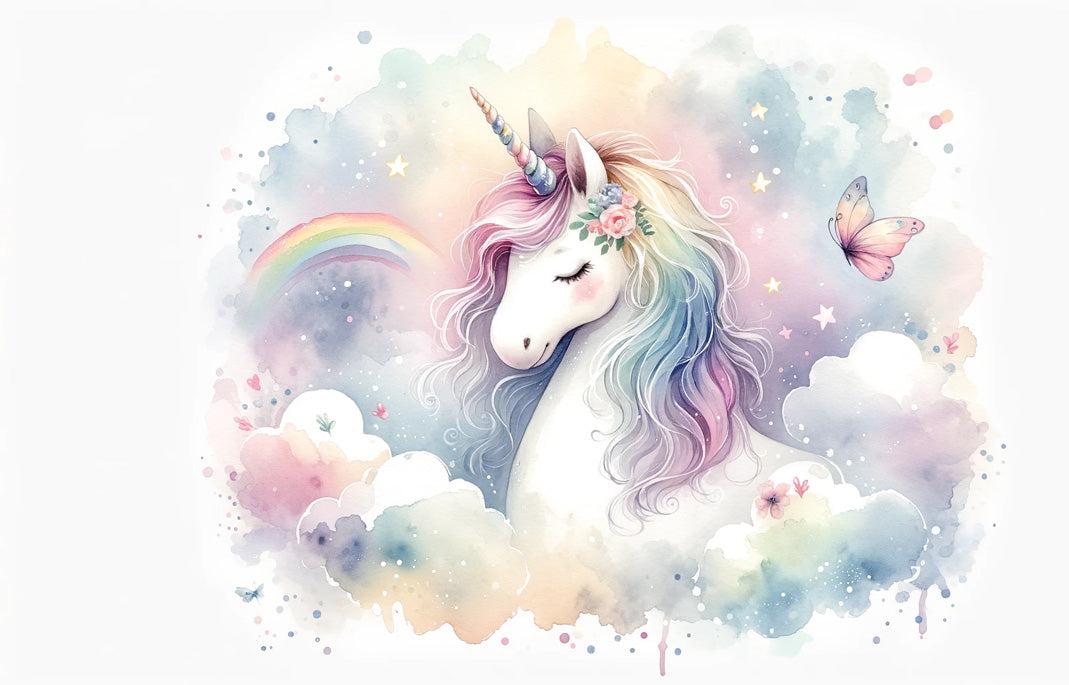 Papier peint licorne aquarelle et arc-en-ciel