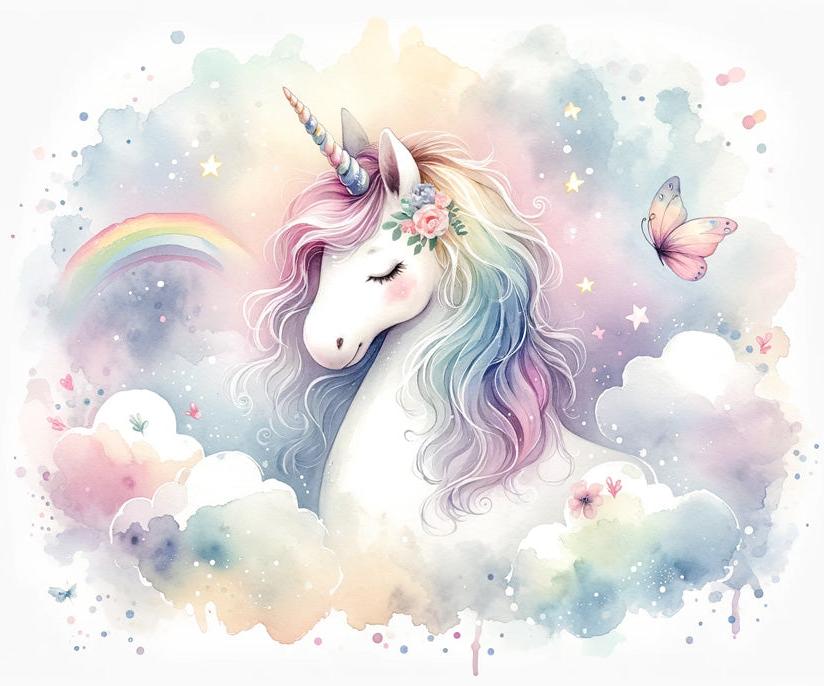 Papier peint licorne aquarelle et arc-en-ciel