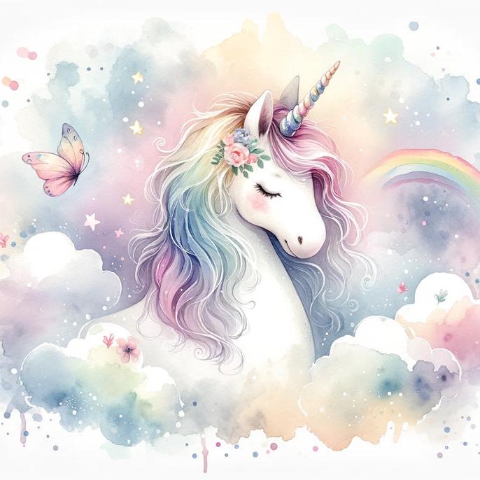 Papier peint licorne aquarelle et arc-en-ciel