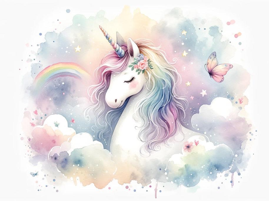 Papier peint licorne aquarelle et arc-en-ciel