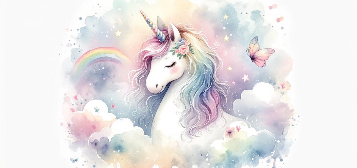 Papier peint licorne aquarelle et arc-en-ciel