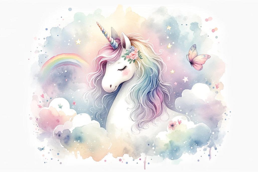 Papier peint licorne aquarelle et arc-en-ciel
