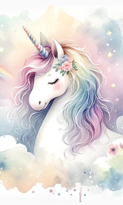 Papier peint licorne aquarelle et arc-en-ciel