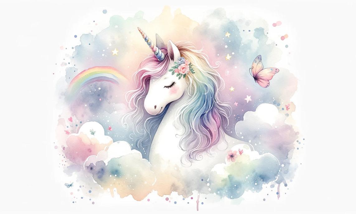 Papier peint licorne aquarelle et arc-en-ciel