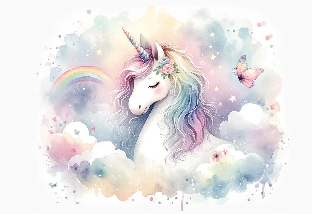 Papier peint licorne aquarelle et arc-en-ciel