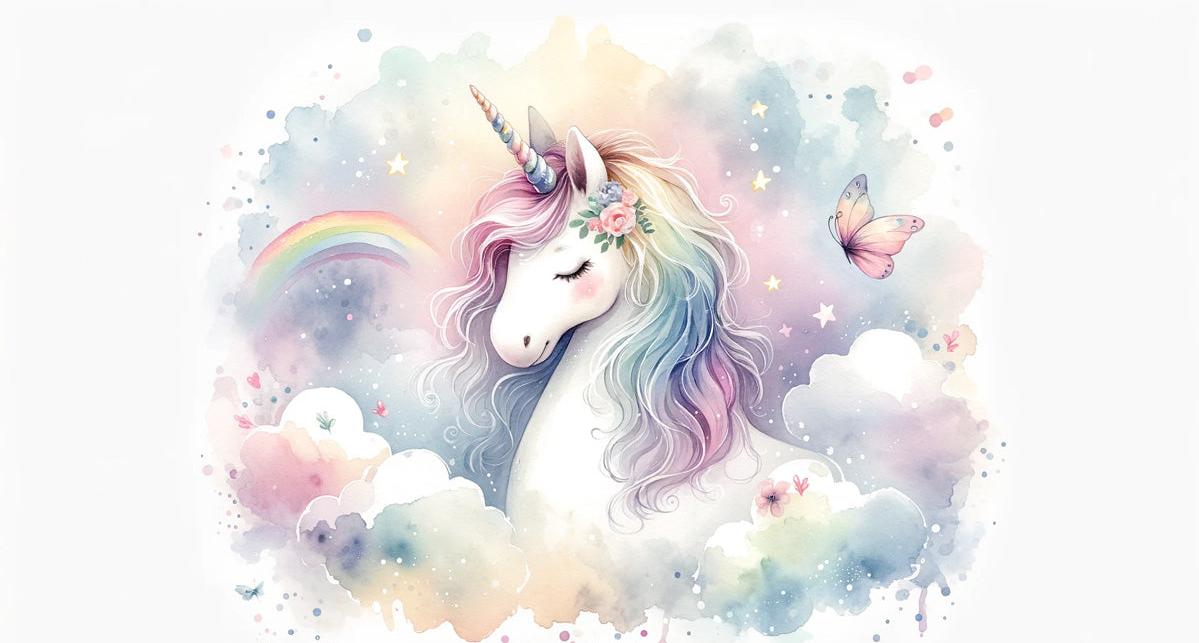 Papier peint licorne aquarelle et arc-en-ciel