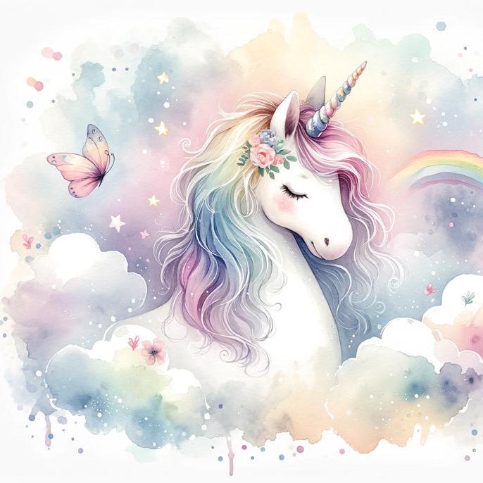 Papier peint licorne aquarelle et arc-en-ciel