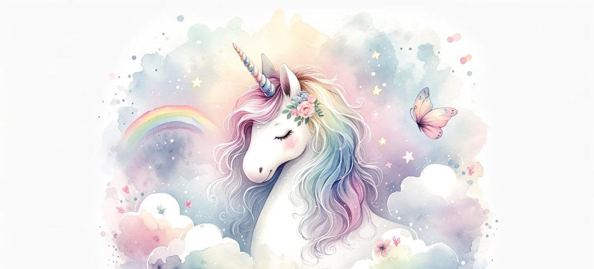Papier peint licorne aquarelle et arc-en-ciel