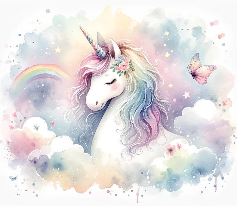 Papier peint licorne aquarelle et arc-en-ciel