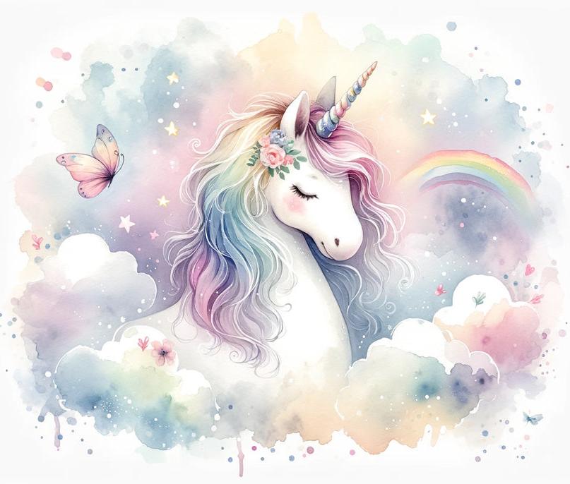 Papier peint licorne aquarelle et arc-en-ciel