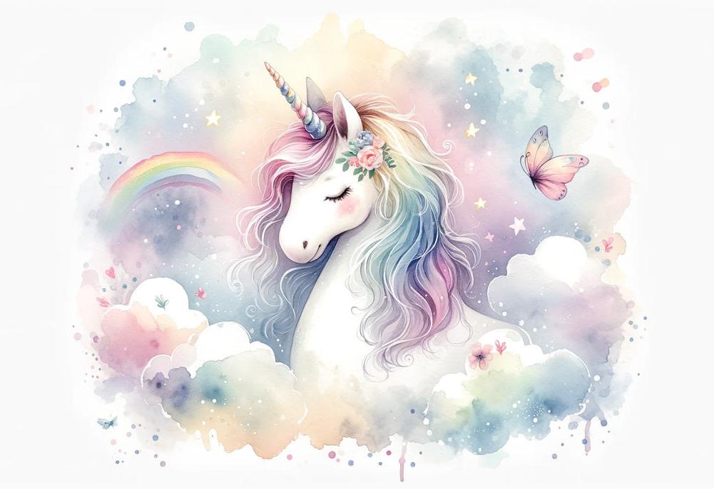 Papier peint licorne aquarelle et arc-en-ciel