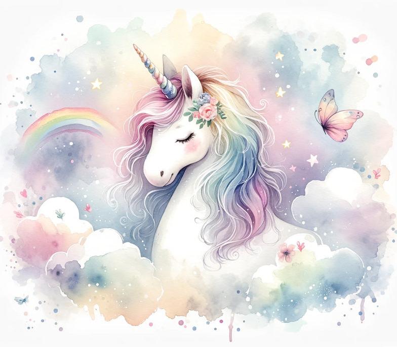 Papier peint licorne aquarelle et arc-en-ciel