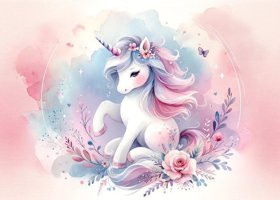 Papier peint licorne aquarelle et fleurs