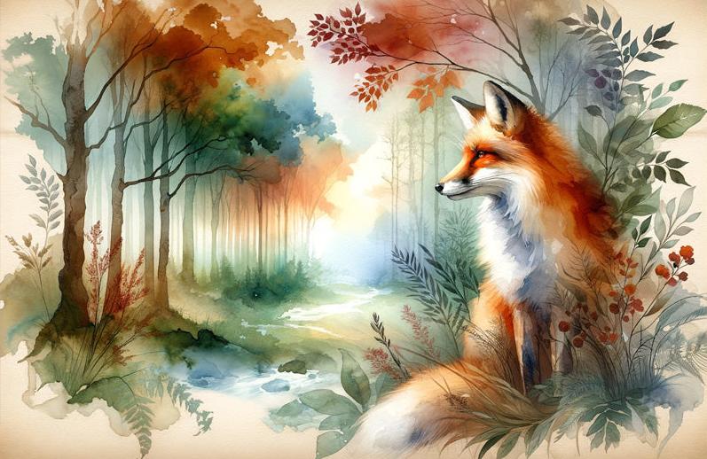 Papier peint renard aquarelle forêt fleurie