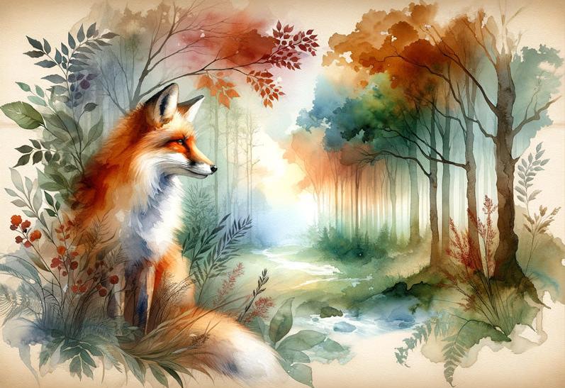 Papier peint renard aquarelle forêt fleurie