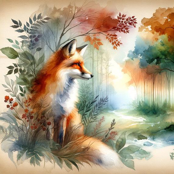 Papier peint renard aquarelle forêt fleurie