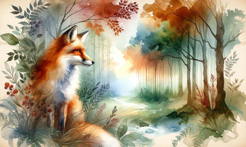 Papier peint renard aquarelle forêt fleurie