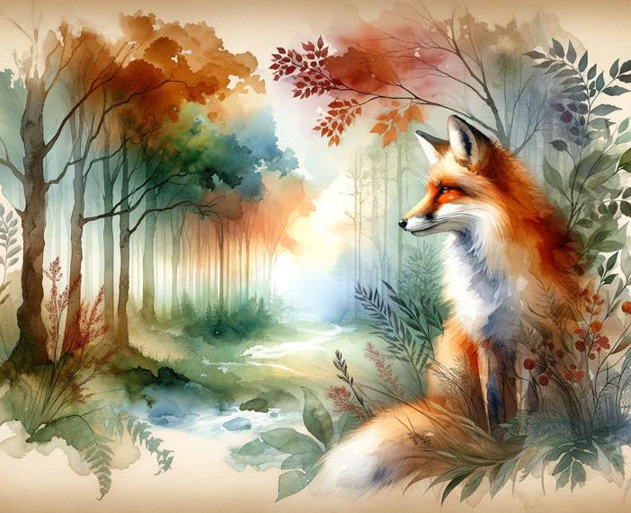 Papier peint renard aquarelle forêt fleurie