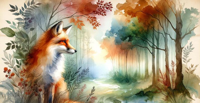 Papier peint renard aquarelle forêt fleurie