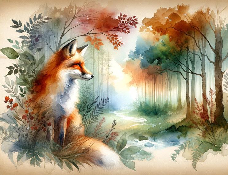 Papier peint renard aquarelle forêt fleurie