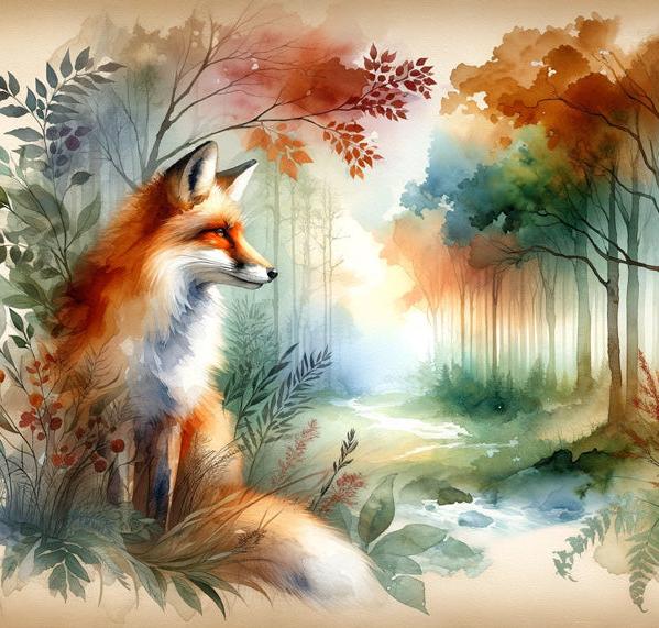 Papier peint renard aquarelle forêt fleurie