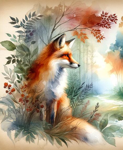 Papier peint renard aquarelle forêt fleurie