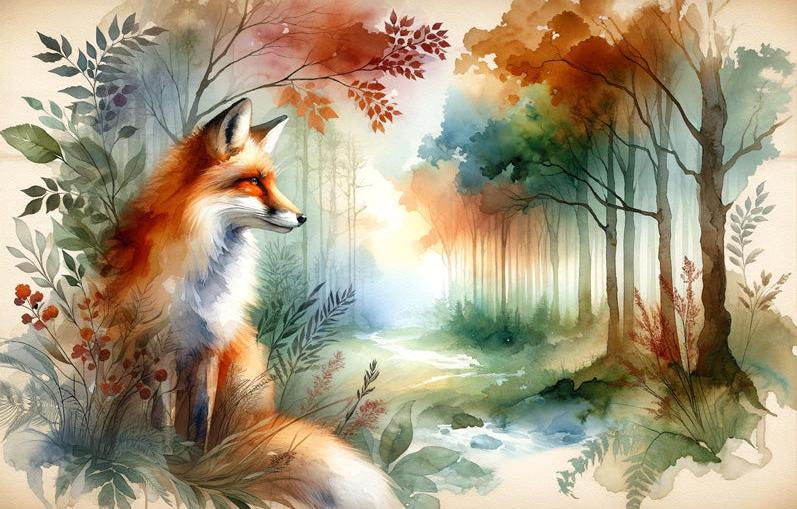 Papier peint renard aquarelle forêt fleurie