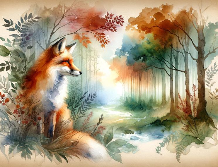 Papier peint renard aquarelle forêt fleurie