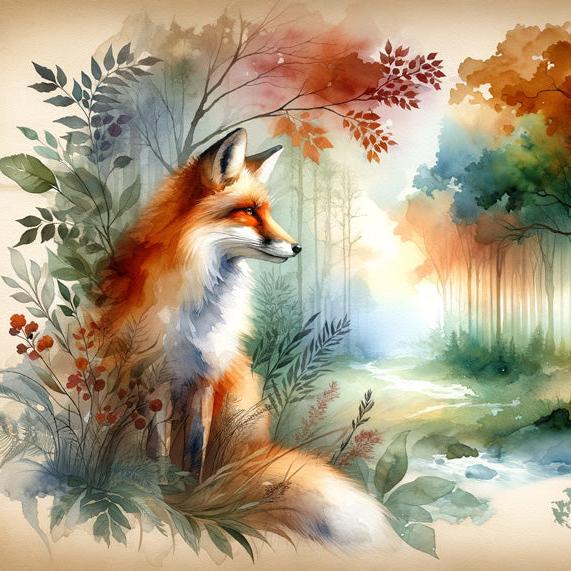 Papier peint renard aquarelle forêt fleurie