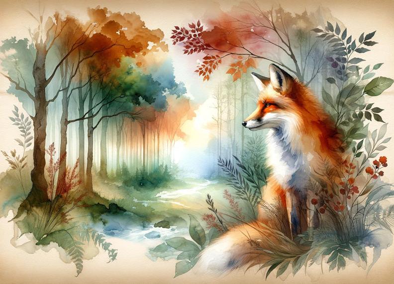 Papier peint renard aquarelle forêt fleurie