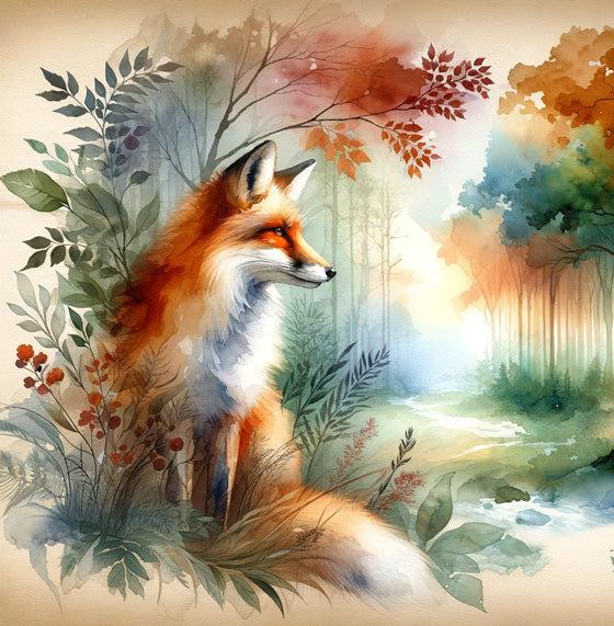 Papier peint renard aquarelle forêt fleurie