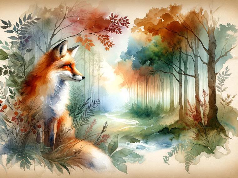 Papier peint renard aquarelle forêt fleurie