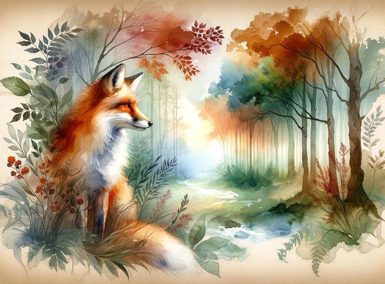 Papier peint renard aquarelle forêt fleurie
