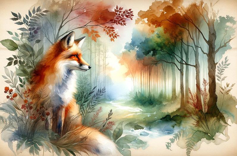 Papier peint renard aquarelle forêt fleurie