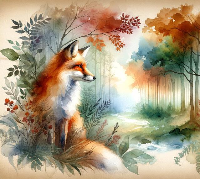 Papier peint renard aquarelle forêt fleurie