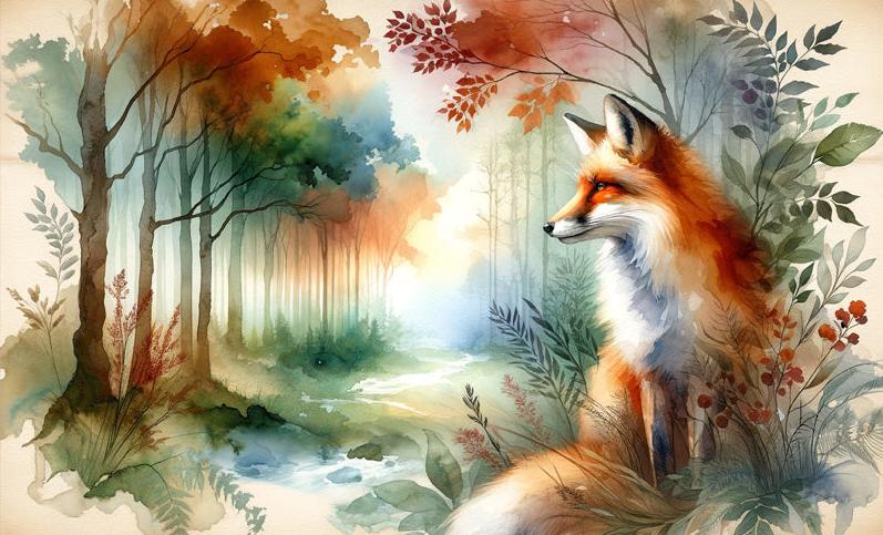 Papier peint renard aquarelle forêt fleurie