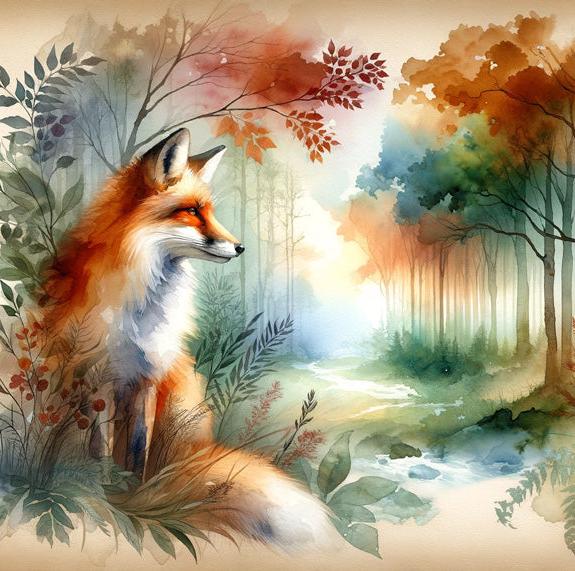 Papier peint renard aquarelle forêt fleurie