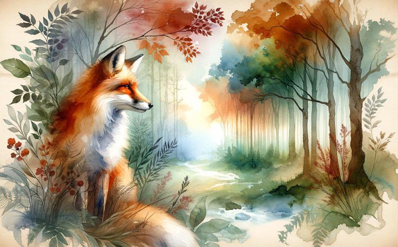 Papier peint renard aquarelle forêt fleurie