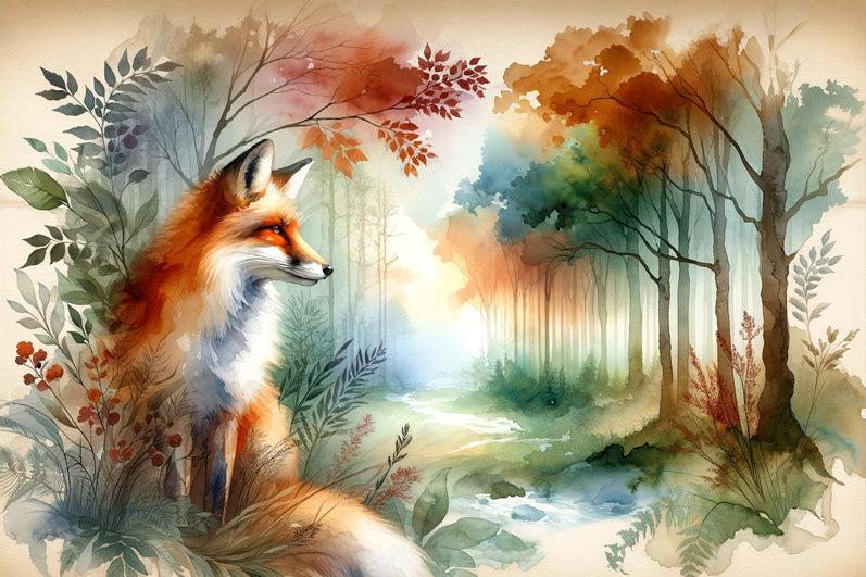 Papier peint renard aquarelle forêt fleurie