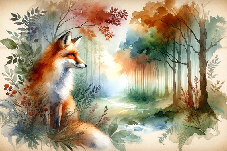 Papier peint renard aquarelle forêt fleurie