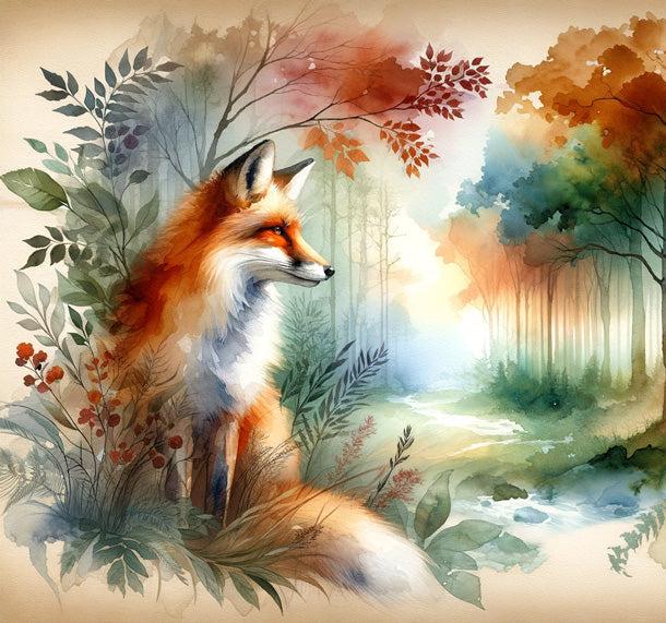 Papier peint renard aquarelle forêt fleurie