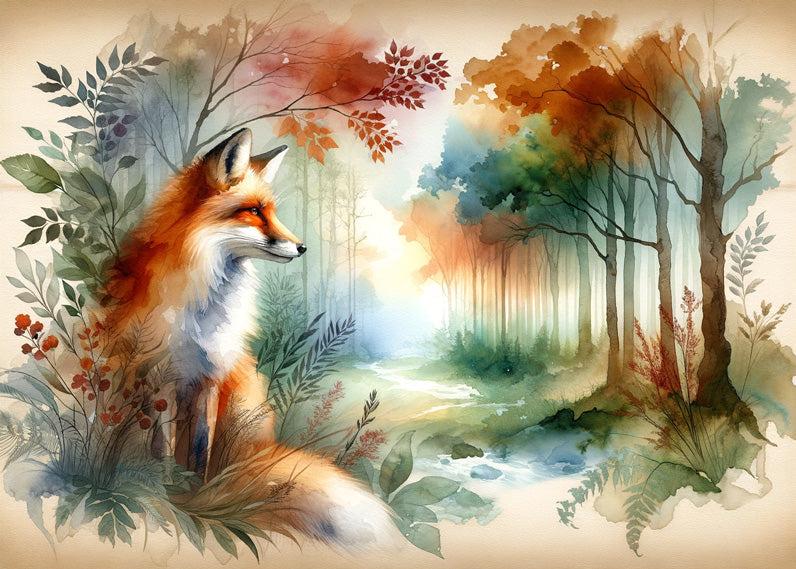Papier peint renard aquarelle forêt fleurie