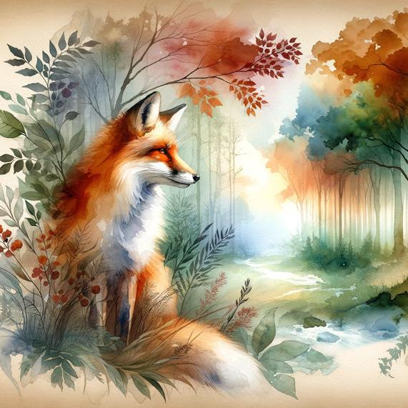 Papier peint renard aquarelle forêt fleurie