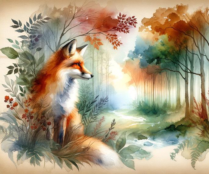 Papier peint renard aquarelle forêt fleurie