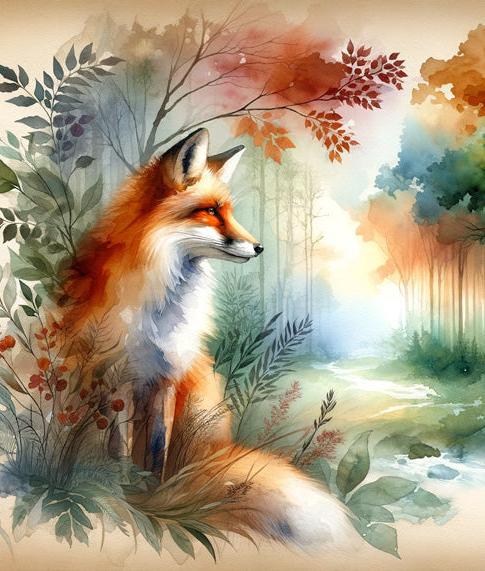 Papier peint renard aquarelle forêt fleurie