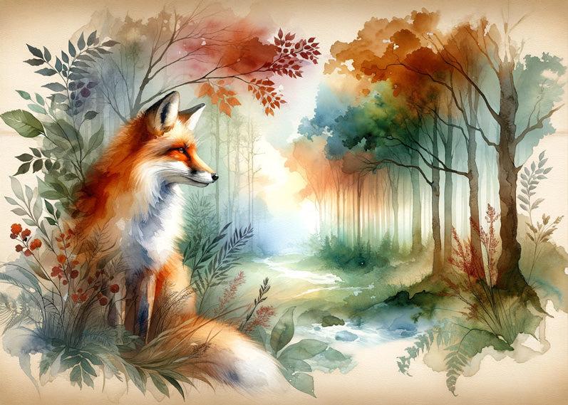Papier peint renard aquarelle forêt fleurie