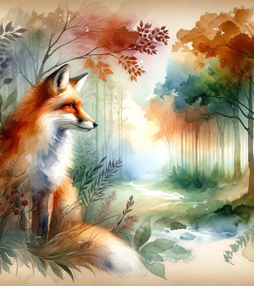Papier peint renard aquarelle forêt fleurie