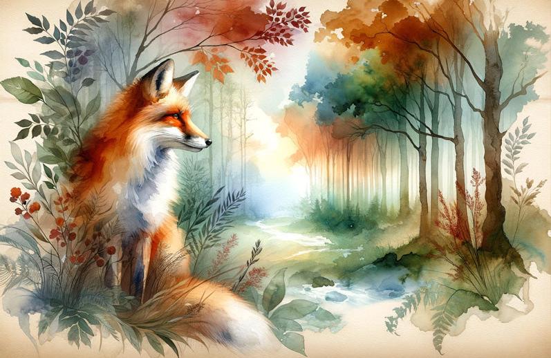 Papier peint renard aquarelle forêt fleurie