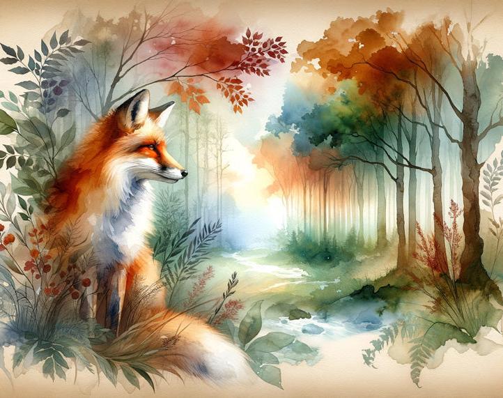 Papier peint renard aquarelle forêt fleurie