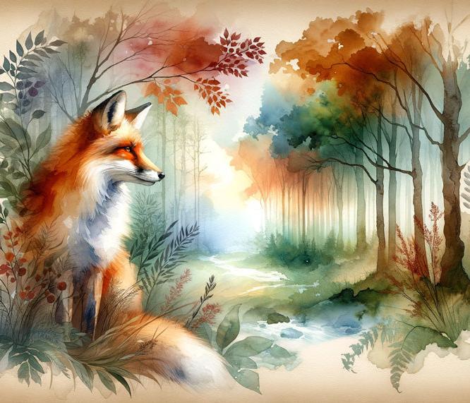 Papier peint renard aquarelle forêt fleurie